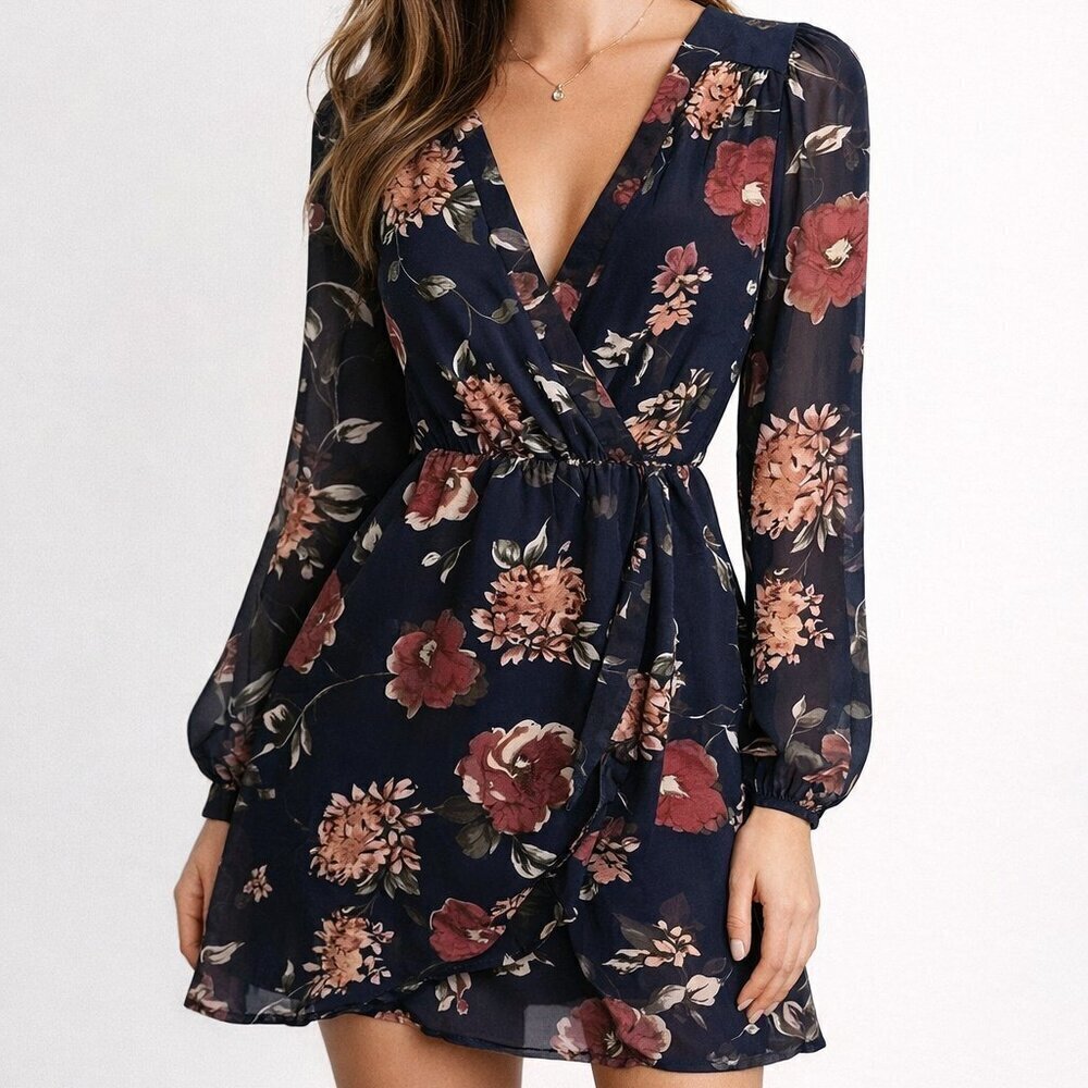 Lulus pretty pretender navy floral mini long sleeve dress - XS - Picture 1 of 12